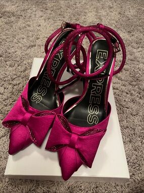 Express Women's Fuchsia Satin Pointed-Toe Bow Ankle-Strap Heels